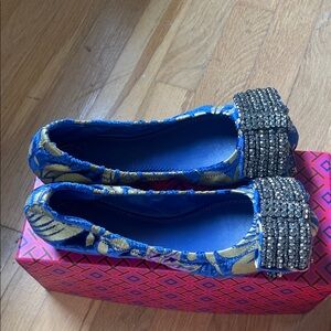 Tory Burch Blue Flats with Gold and Silver Accents